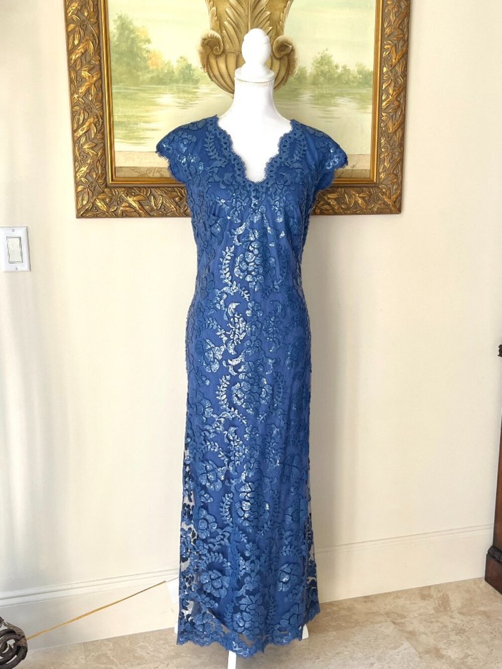 Tadashi Shoji  Indigo Blue Sequins Lace Cap Sleeve Gown Dress Size 14